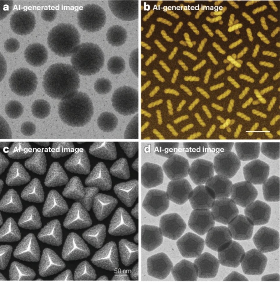 Nature Nanotechnology graphic showing AI-generated electron microscopy-like nanomaterial images